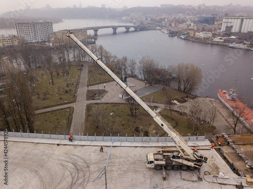 Bridge under construction in Kiev. Aerial drone view.