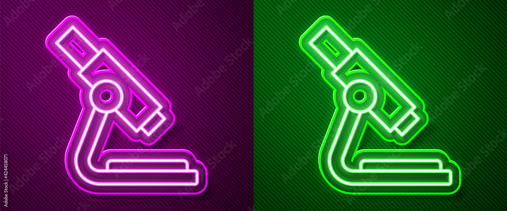 Glowing neon line Microscope icon isolated on purple and green background. Chemistry, pharmaceutical instrument, microbiology magnifying tool. Vector Glowing neon line Microscope icon isolated on purple and green background. Chemistry, pharmaceutical instrument, microbiology magnifying tool. Vector