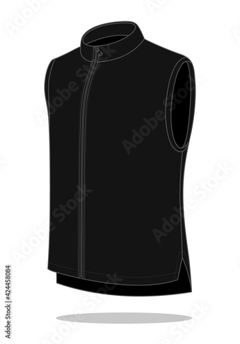 Stand Up Collar Black Vest With Zip, Side Vents And Hem Short Front, Long Back Vector.