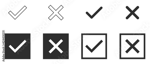 Set of black and white tick and cross. Simple chek marks icon. YES or NO accept and decline symbol. Buttons for vote, election choice. Empty, square frame. Check mark OK and X icons. Vector photo