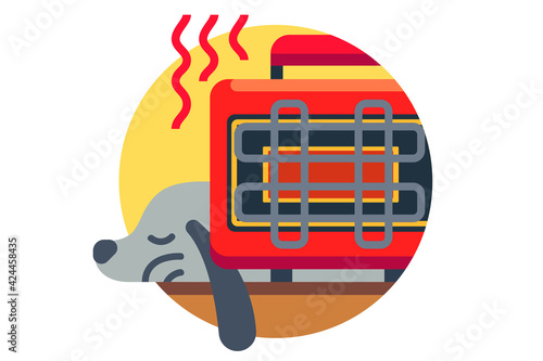 Dog pet warms up near heater
