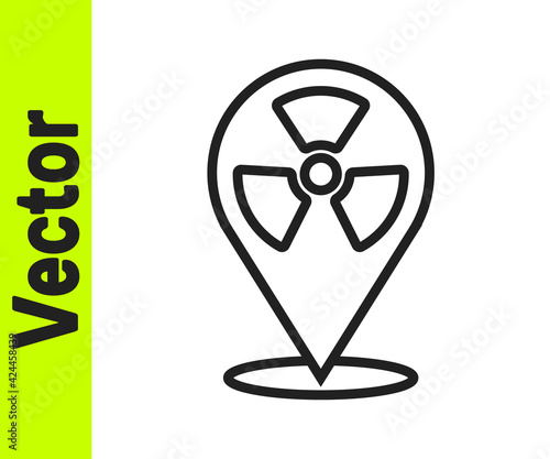 Black line Radioactive in location icon isolated on white background. Radioactive toxic symbol. Radiation Hazard sign. Vector