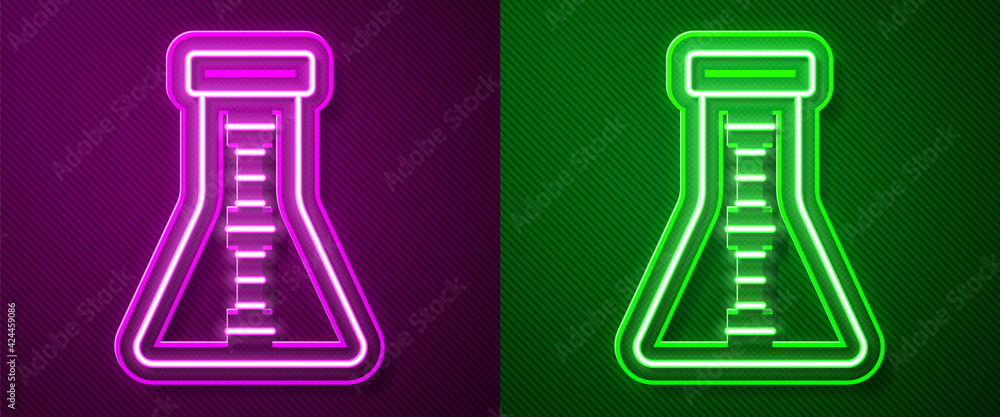 Glowing neon line Test tube and flask chemical laboratory test icon isolated on purple and green background. Laboratory glassware sign. Vector Glowing neon line Test tube and flask chemical laboratory test icon isolated on purple and green background. Laboratory glassware sign. Vector