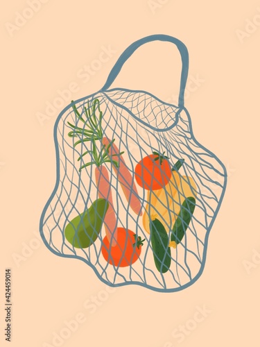 Eco shopping net bag with various healthy food.  Zero waste, plastic free concept.