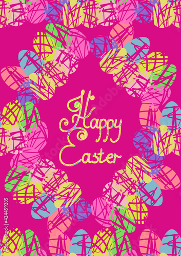 colorful happy easter greeting card. a4. decorated eggs and an inscription in the center. bright pink  purple  purple background.