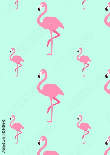 Pink flamingo on turquoise background.