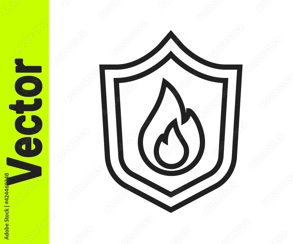 Black line Fire protection shield icon isolated on white background. Insurance concept. Security, safety, protection, protect concept. Vector Black line Fire protection shield icon isolated on white background. Insurance concept. Security, safety, protection, protect concept. Vector