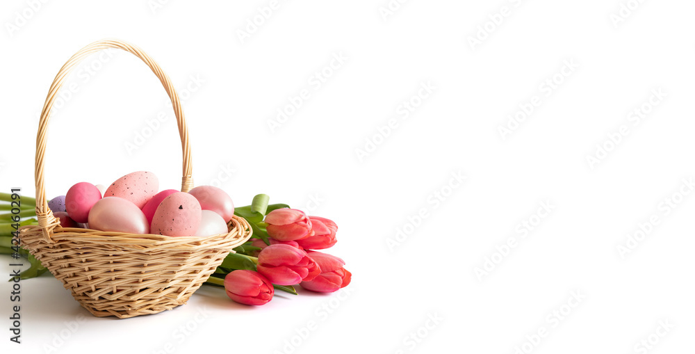 Easter pink eggs in a basket and a bouquet of pink red tulips isolated on a white background. Easter composition. Banner. Copy space.