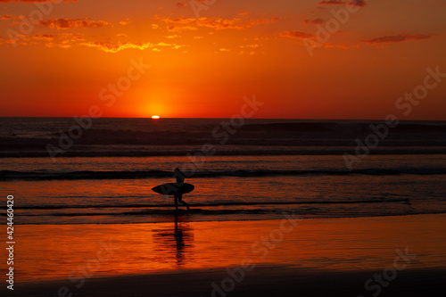 silhouette of a surfer at sunset on beach © Orion Rex