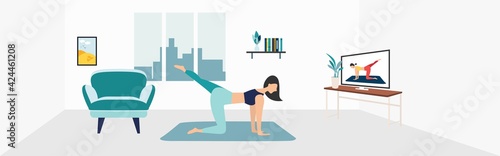  workout online. Stay at home. keep fit and positivity girl does exercises on a laptop and a monitor. sport internet fitness workout. Healthy lifestyle. Coronavirus quarantine isolation. Vector.