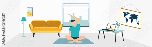 workout online. Stay at home. keep fit and positivity man does exercises on a laptop and a monitor. sport internet fitness workout. Healthy lifestyle. Coronavirus quarantine isolation. Vector.