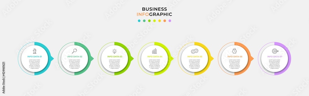 Naklejka premium Vector Infographic design business template with icons and 7 options or steps. Can be used for process diagram, presentations, workflow layout, banner, flow chart, info graph