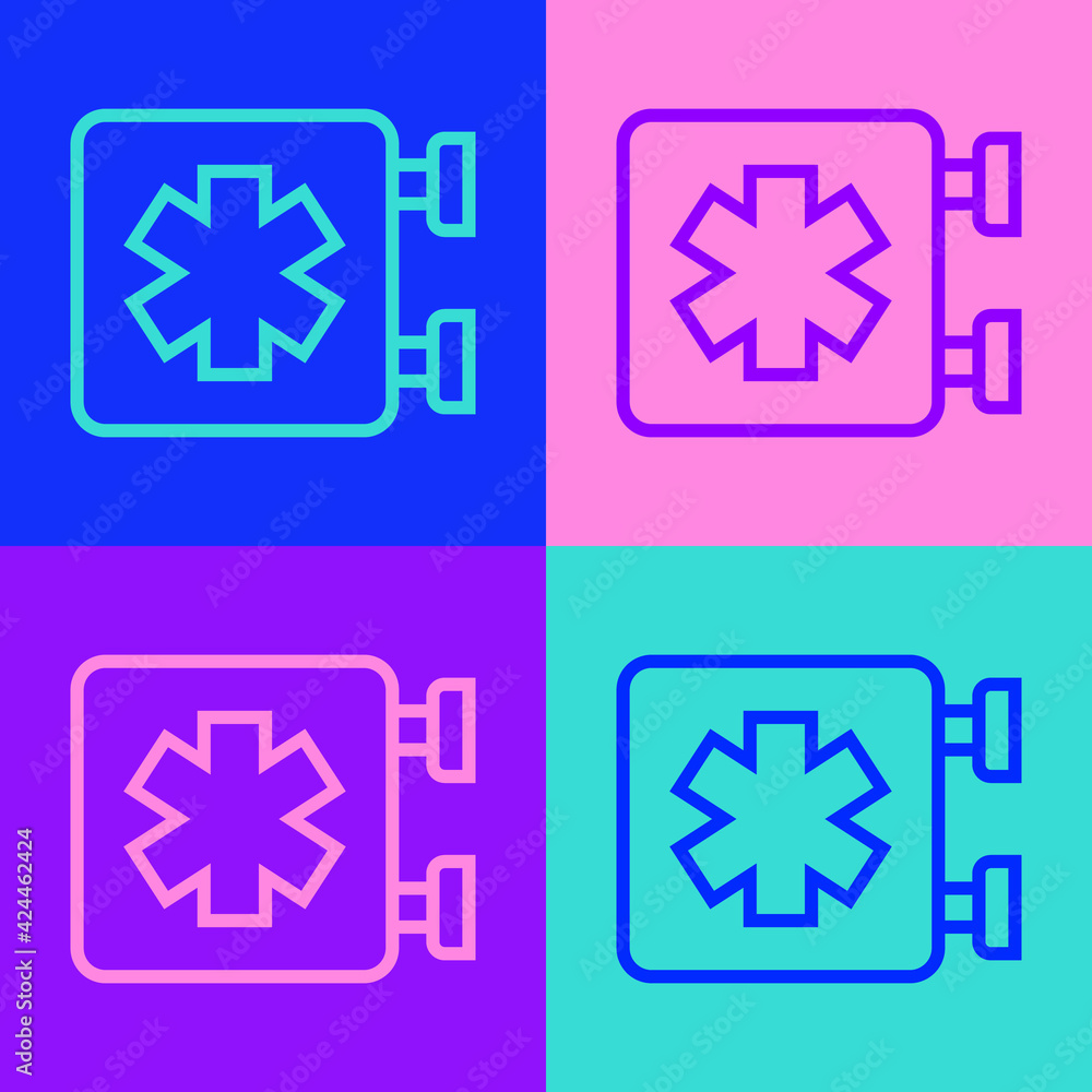 Fototapeta premium Pop art line Medical symbol of the Emergency - Star of Life icon isolated on color background. Vector