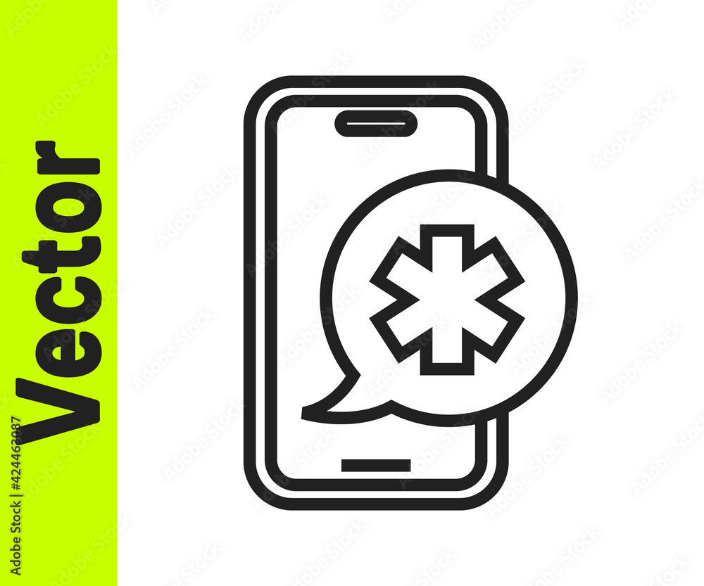 Black line Emergency mobile phone call to hospital icon isolated on white background. Vector Black line Emergency mobile phone call to hospital icon isolated on white background. Vector