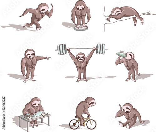 Muscular Fitness Sloth Mascot - 9 different sports-related activities illustrations 