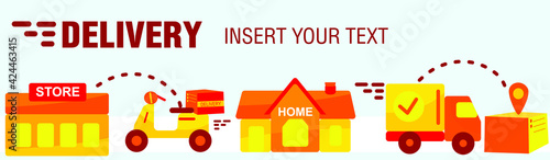 Online delivery service, online order tracking, home and office delivery. A truck, a scooter, a masked courier. Vector illustration