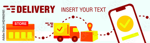 Online delivery service, online order tracking, home and office delivery. A truck, a scooter, a masked courier. Vector illustration