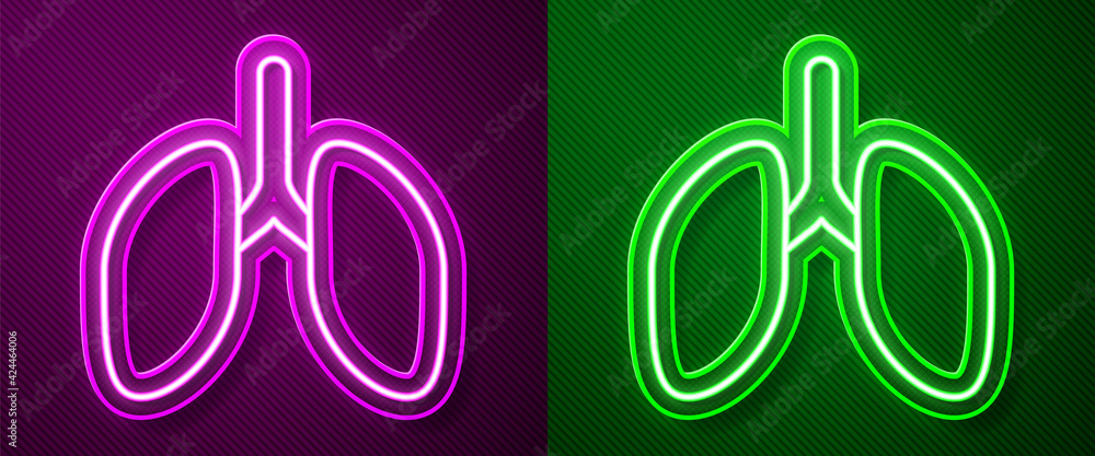 Obraz premium Glowing neon line Lungs icon isolated on purple and green background. Vector
