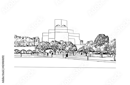 Building view with landmark of Doha is the capital and most populous city of the State of Qatar. Hand drawn sketch illustration in vector.
