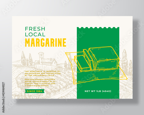 Margarine Dairy Food Label Template. Abstract Vector Packaging Design Layout. Modern Typography Banner with Hand Drawn Butter Piece and Rural Landscape Background. Isolated