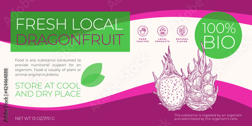 Fresh Local Fruits Label Template. Abstract Vector Packaging Horizontal Design Layout. Modern Typography Banner with Hand Drawn Dragonfruit with Slice Sketch Silhouette Background. Isolated