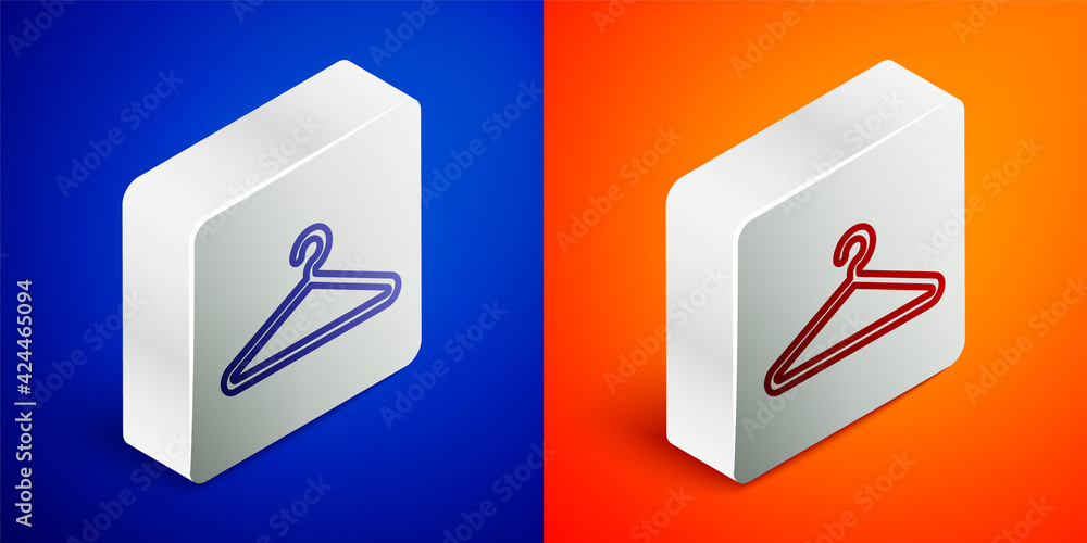 Isometric line Hanger wardrobe icon isolated on blue and orange background. Cloakroom icon. Clothes service symbol. Laundry hanger sign. Silver square button. Vector Isometric line Hanger wardrobe icon isolated on blue and orange background. Cloakroom icon. Clothes service symbol. Laundry hanger sign. Silver square button. Vector