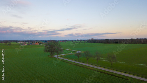 Rural Road Through Countryside. Rows of Farmfields. Summer Landscape. Aerial Drone View. High quality photo