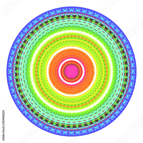 Creative multicolored points round symbol. Abstract symmetrical logo. Mosaic colorful beautiful beads. Circle dots modern pixel floral art icon. Colored pattern ornament wheel decorative illustration.