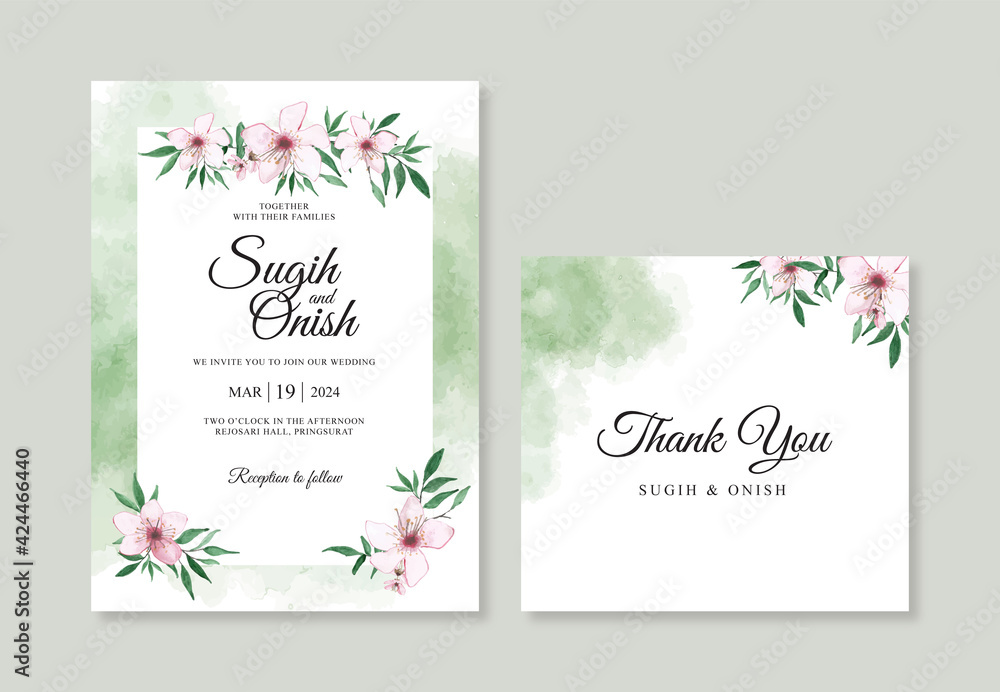 Wedding card invitation template with hand drawn watercolor foliage