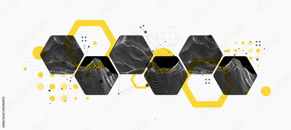 Modern science or technology abstract background using hexagonal shapes. Wireframe spot surface illustration. Vector.