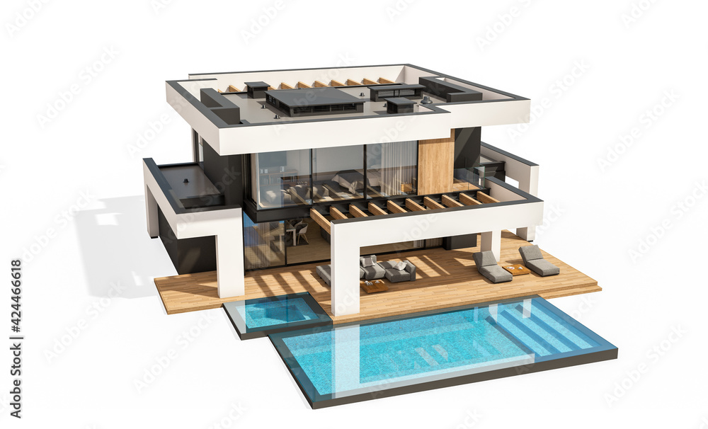 3d rendering of modern cozy house with pool and parking for sale or rent in luxurious style. Isolated on white 3d rendering of modern cozy house with pool and parking for sale or rent in luxurious style. Isolated on white