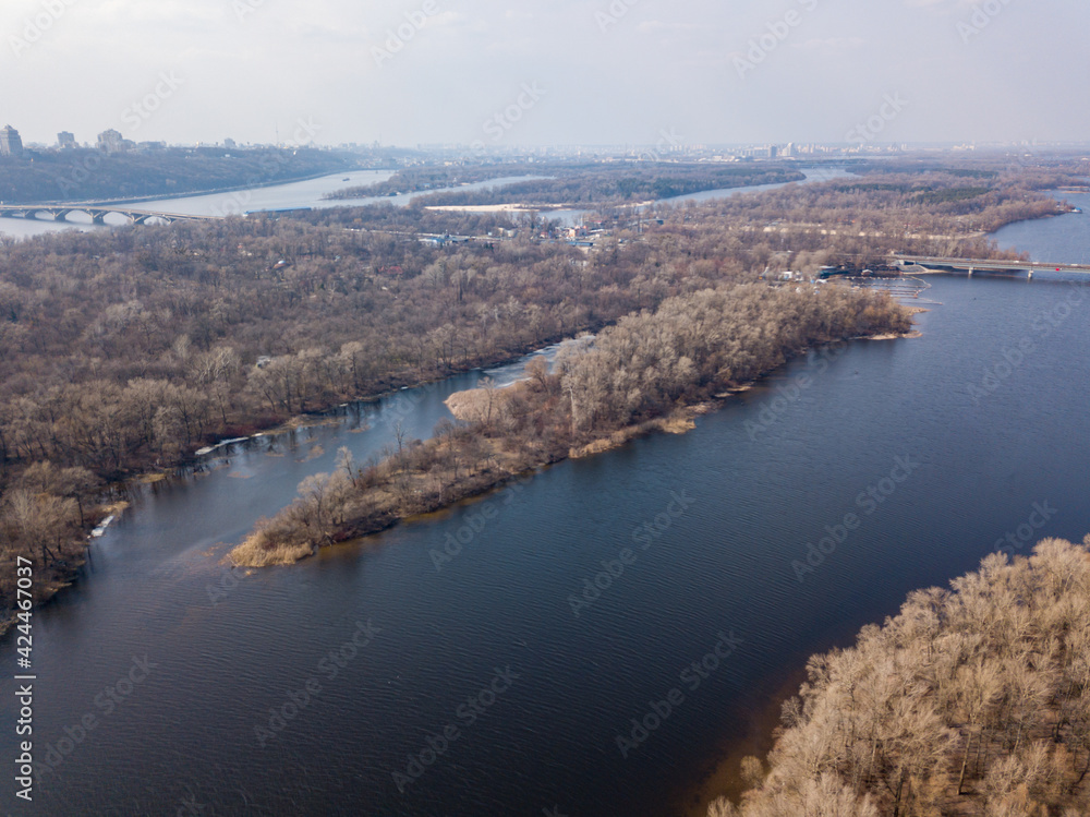 Bank of the river. Aerial drone view.