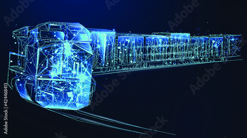 Wagon of freight train with containers on the blue background, abstract vector 3d. Transportation, logistics or international shipping concept. Digital polygonal low poly mesh illustration