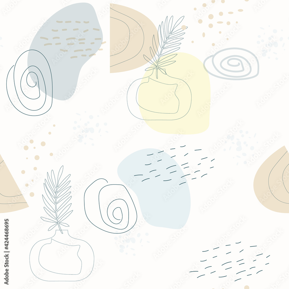 Seamless pattern with abstract composition of simple shapes. Tropical palm leaves in a vase. Collage style, minimalism. Pastel earthy colors. Vector background for cover, print for clothes, textiles