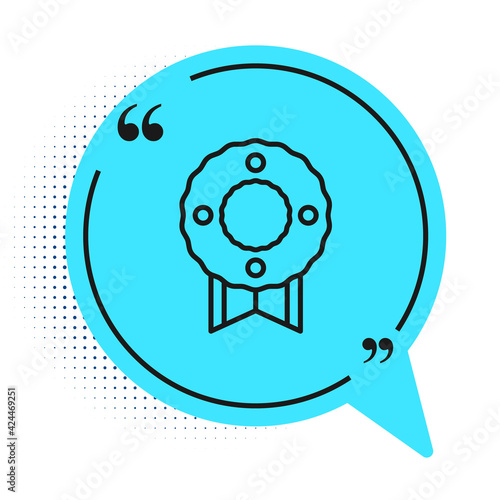 Black line Memorial wreath icon isolated on white background. Funeral ceremony. Blue speech bubble symbol. Vector