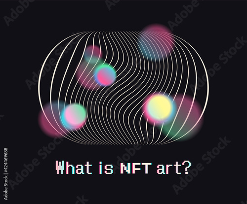 NFT non-fungible token. Vector futuristic cryptography wallpaper. Retro wave, synthwave, rave, vapor, cyber punk. Blue, black, pink purple color. Trendy vintage 80s, 90s style. Print, poster, banner