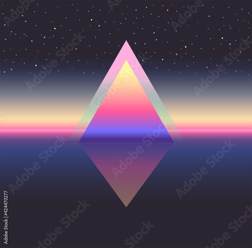 Glowing triangle. Retrowave, synthwave rave, vapor party background. Star space landscape. Yesterday’s tomorrow. Retro, vintage 1980s, 1990s. Black, purple, pink, blue colors. Banner, print, wallpaper
