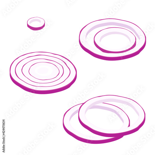 Sliced red onion isolated on white background, isometric view