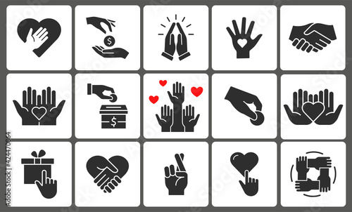 Charity icon set. Collection of donate, volunteer, hope and more. Vector illustration.