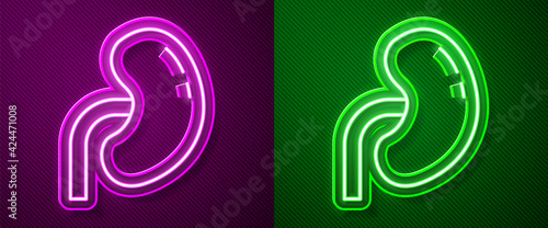 Glowing neon line Human kidney icon isolated on purple and green background. Vector