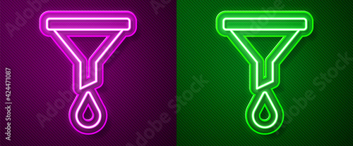 Glowing neon line Funnel or filter icon isolated on purple and green background. Vector