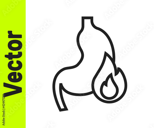 Black line Stomach heartburn icon isolated on white background. Stomach burn. Gastritis and acid reflux, indigestion and stomach pain problems. Vector