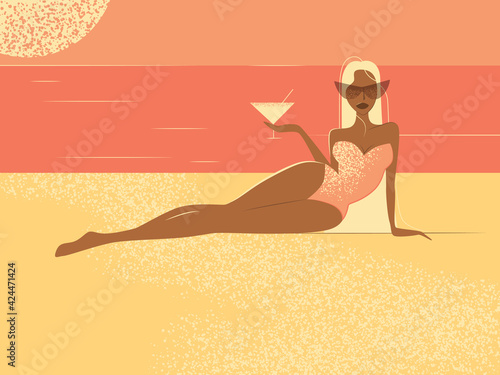 A young slender girl is relaxing on the beach in a swimsuit over a glass of cocktail. Vector illustration for swimwear advertising, for social networks, posters ,postcards, banner.