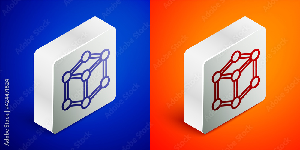 Isometric line Molecule icon isolated on blue and orange background. Structure of molecules in chemistry, science teachers innovative educational poster. Silver square button. Vector