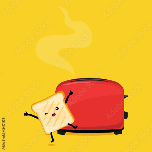 Cute happy cartoon funny toast jumping out of the toaster against yellow background.