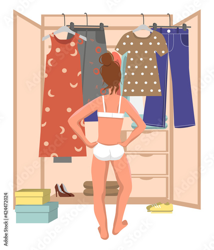 Girl in underwear stands in front of the wardrobe and chooses clothes. Young woman trying to choose outfit. Cartoon vector illustration in flat style.