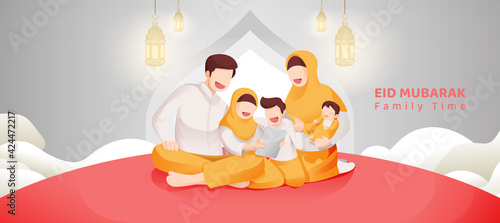 Eid Mubarak Muslim Celebration Family Gathering Together Illustration