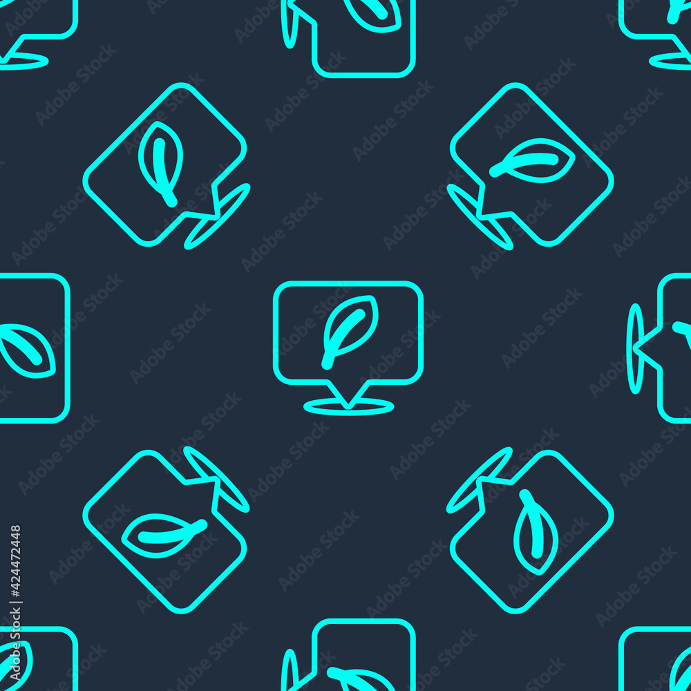 Green line Location with leaf icon isolated seamless pattern on blue background. Eco energy concept. Alternative energy concept. Vector Green line Location with leaf icon isolated seamless pattern on blue background. Eco energy concept. Alternative energy concept. Vector
