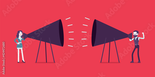 Giant megaphone shout out, man, woman shouting at each other. Motivational speech, business debate or discussion, emotional communication in financial conflict. Vector creative stylized illustration