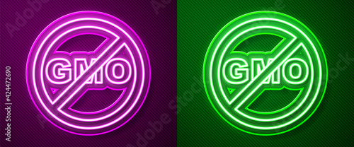 Glowing neon line No GMO icon isolated on purple and green background. Genetically modified organism acronym. Dna food modification. Vector